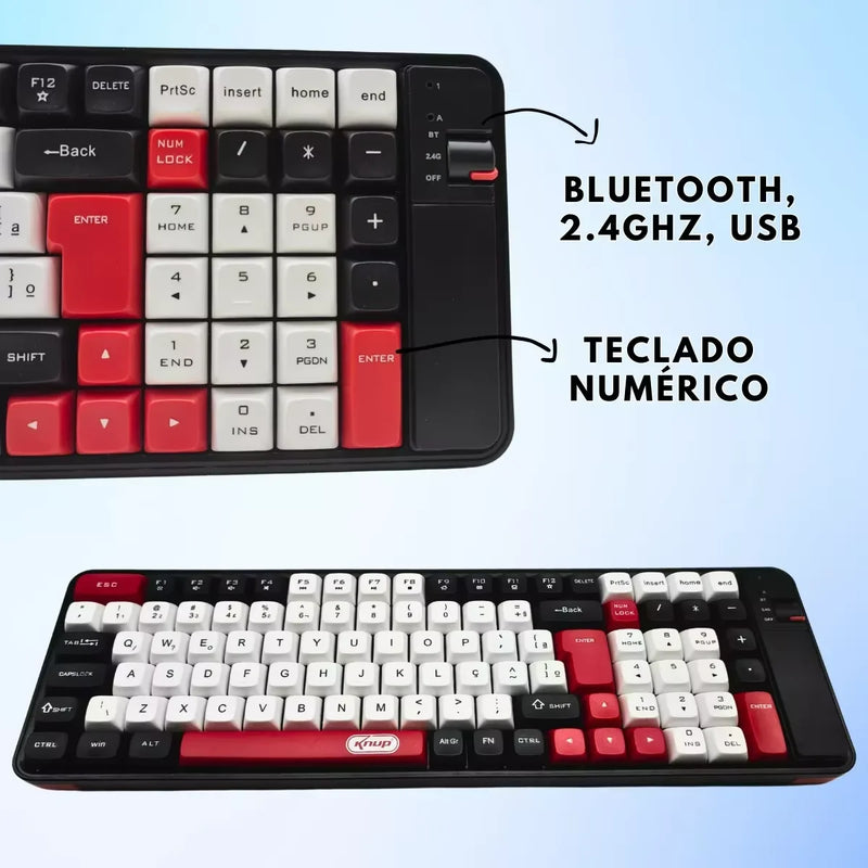 Kit Teclado Mouse Gamer Knup Colorido BT Wireless 2.4 Knup TE-129 USB Tipo C Computador Celular Smartphones Conexão Para Jogos